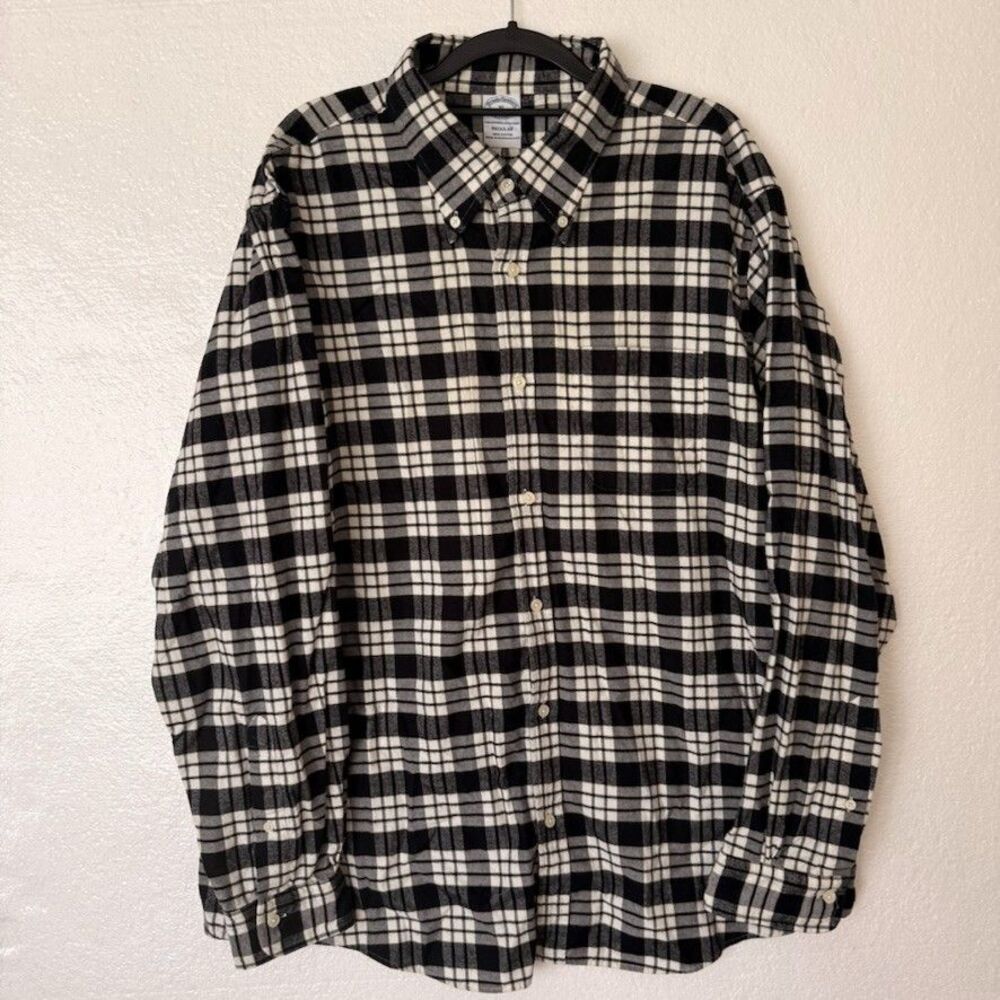Brooks Brothers XL REGULAR Cotton Plaid Flannel Black & Cream Soft Long Sleeve